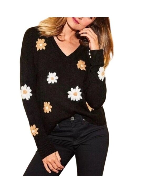 Lilly Pulitzer Sweaters - Lilly Pulitzer Womens XS Tensley Sweater Black Blooming Embroidery Daisy